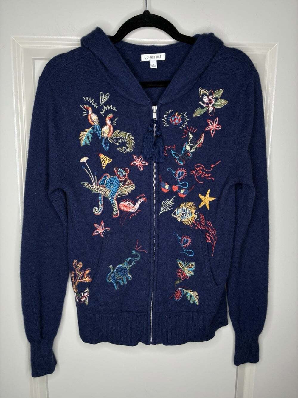 Johnny Was 100% Cashmere Zip Up Embroidered Hoodie in Navy Size Small Animals